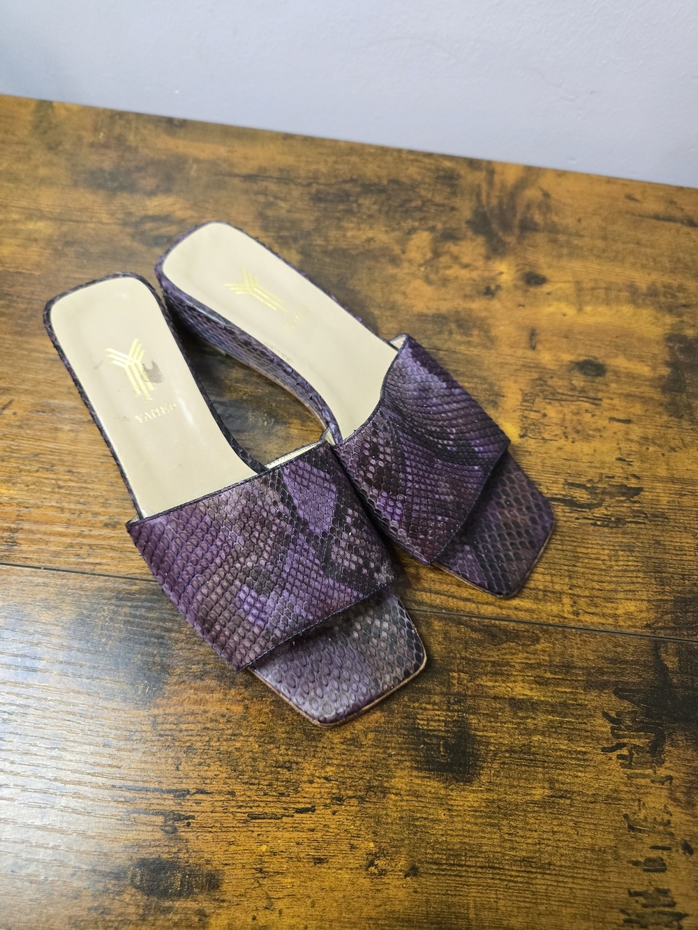 YANKO Spain Purple Snakeskin Python Leather Slide Mules / Low Block Heel - EU 36